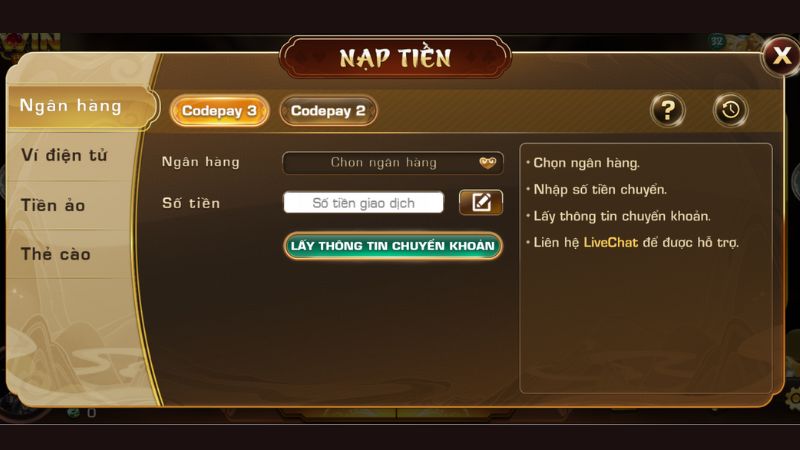 Giao diện nạp tiền tại VN100 hỗ trợ đa dạng các phương thức